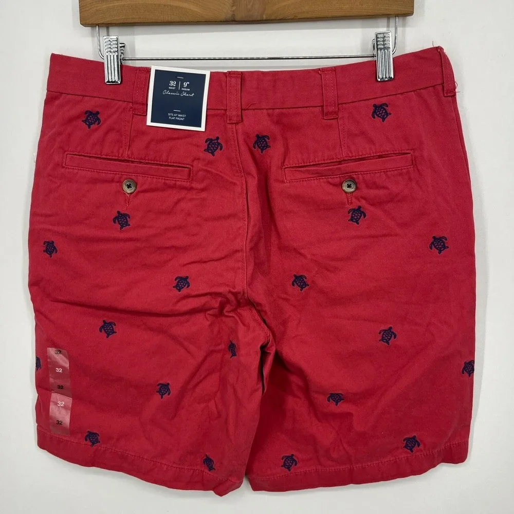 Club Room Chino Shorts Men's 32 Red Turtle Print Flat Front 9